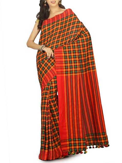 striped border checkered tant saree with tassels with blouse - 15412401 - Standard Image - 1