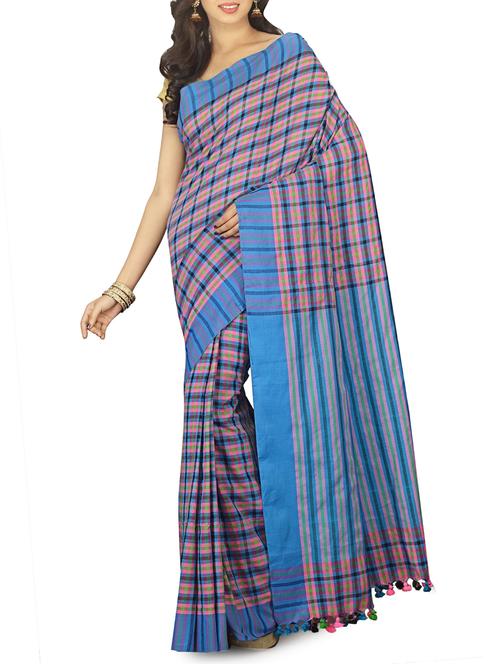 striped border checkered tant saree with tassels with blouse - 15412402 - Standard Image - 1