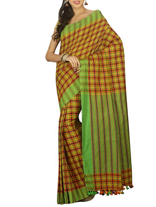 striped border checkered tant saree with tassels with blouse - 15412403 - Standard Image - 1