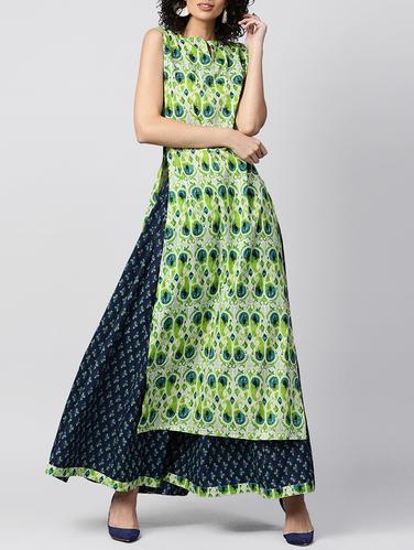 Printed high-slit kurta with skirt set - 15412925 - Very Small Image - 1