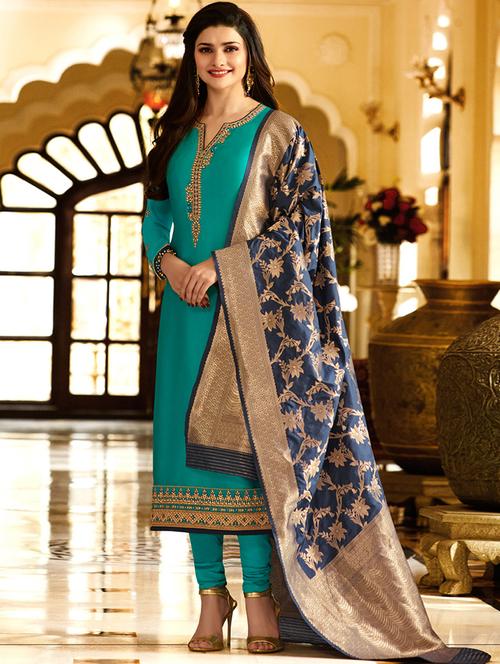Embroidered semi-stitched suit with Banarsi dupatta - 15413370 - Very Small Image - 1