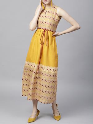 Printed key hole neck belted dress - 15413424 - Standard Image - 1
