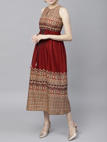 Printed key hole neck belted dress - 15413425 - Very Small Image - 1