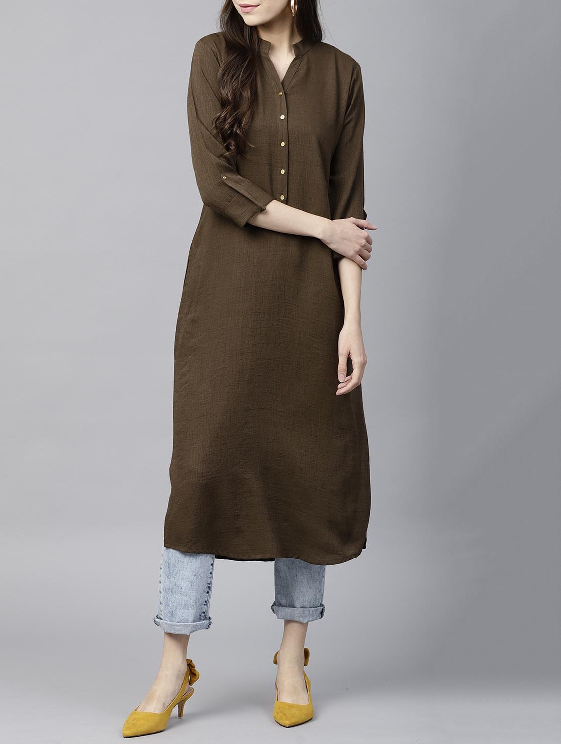 brown straight kurta - 15413457 - Zoom Image - 1