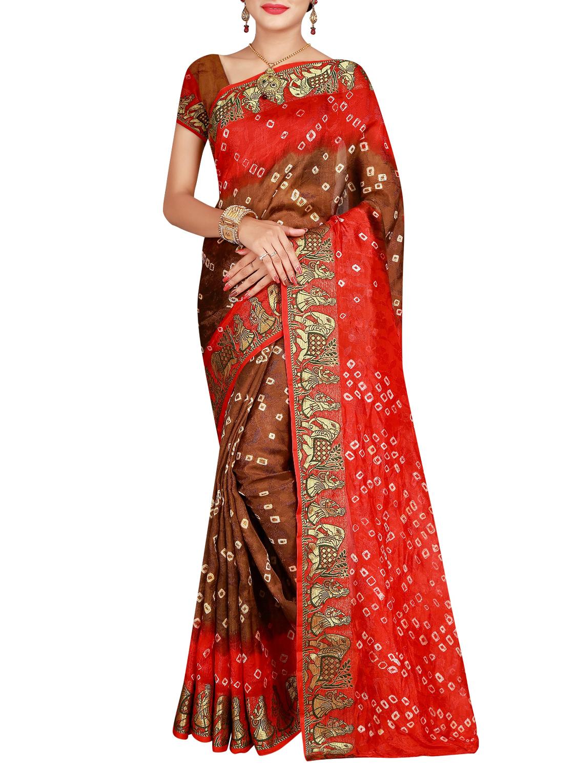 Delicate zari bordered bandhani saree with blouse - 15413667 - Zoom Image - 1