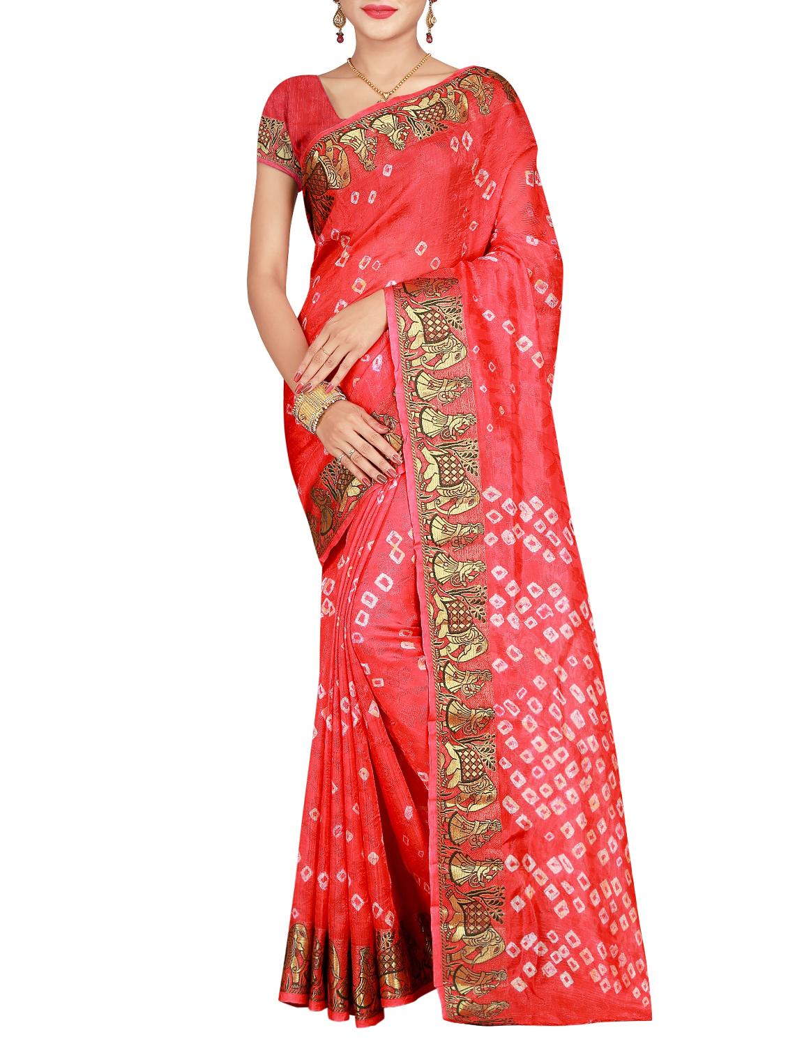 Delicate zari bordered bandhani saree with blouse - 15413668 - Zoom Image - 1
