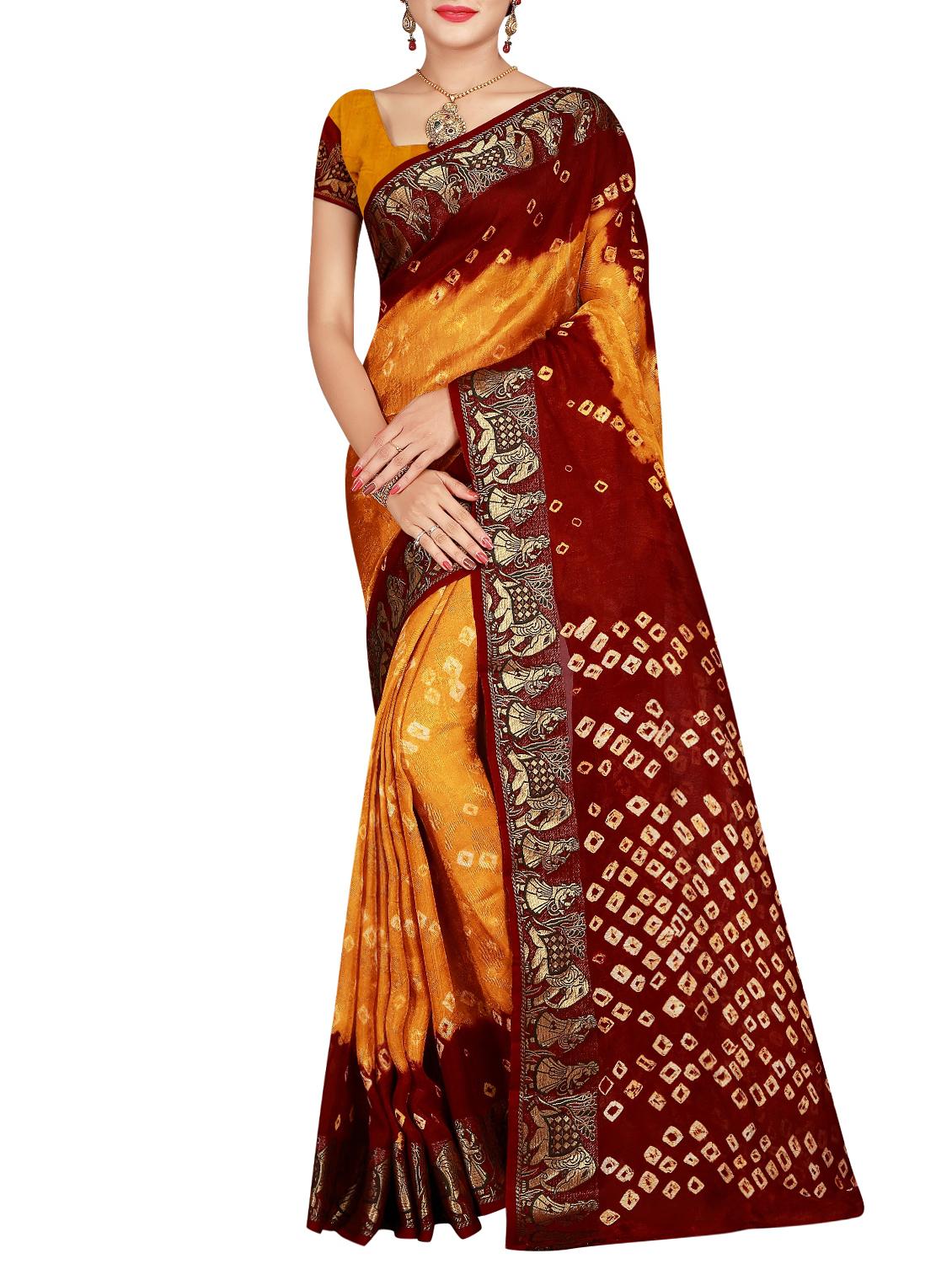 Delicate zari bordered bandhani saree with blouse - 15413670 - Zoom Image - 1