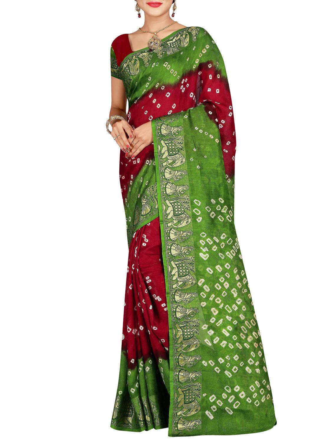 Delicate zari bordered bandhani saree with blouse - 15413671 - Zoom Image - 1