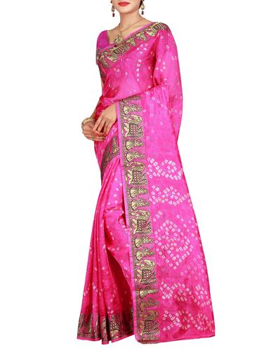 Delicate zari bordered bandhani saree with blouse - 15413674 - Very Small Image - 1