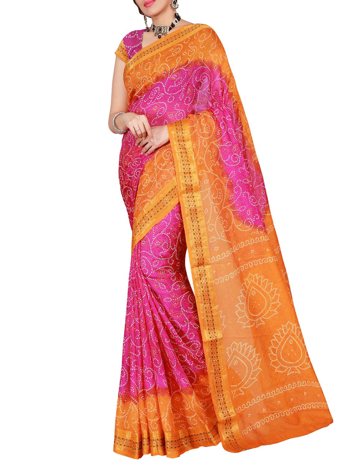 Contrast bordered bandhani saree with blouse - 15413723 - Zoom Image - 1