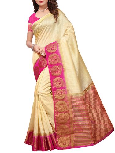 Contrast bordered tussar silk saree with blouse - 15413822 - Very Small Image - 1