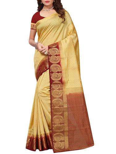 Contrast bordered tussar silk saree with blouse - 15413825 - Very Small Image - 1