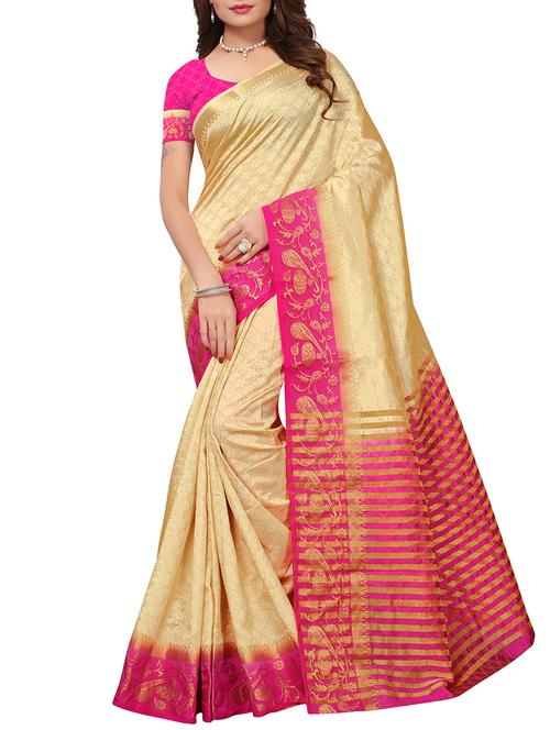 Contrast bordered tussar silk saree with blouse - 15413838 - Standard Image - 1