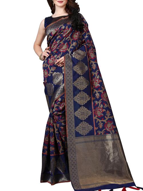 floral zari weave banarasi saree with blouse - 15413842 - Very Small Image - 1
