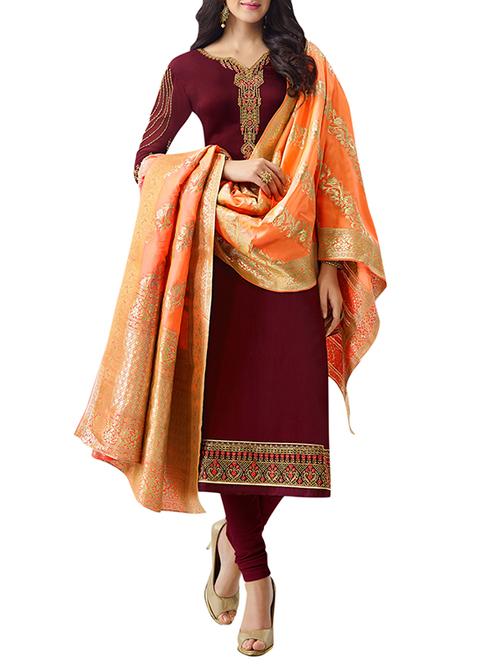 Embroidered semi-stitched churidaar suit - 15414021 - Standard Image - 1