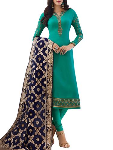 Embroidered semi-stitched churidaar suit - 15414024 - Very Small Image - 1