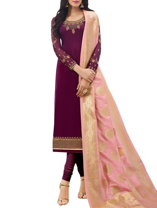 Embroidered semi-stitched churidaar suit - 15414025 - Very Small Image - 1