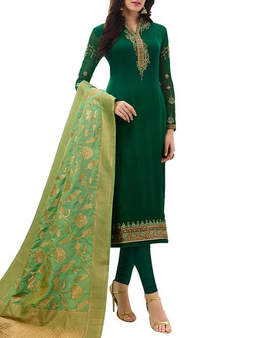 Embroidered semi-stitched churidaar suit - 15414027 - Standard Image - 1