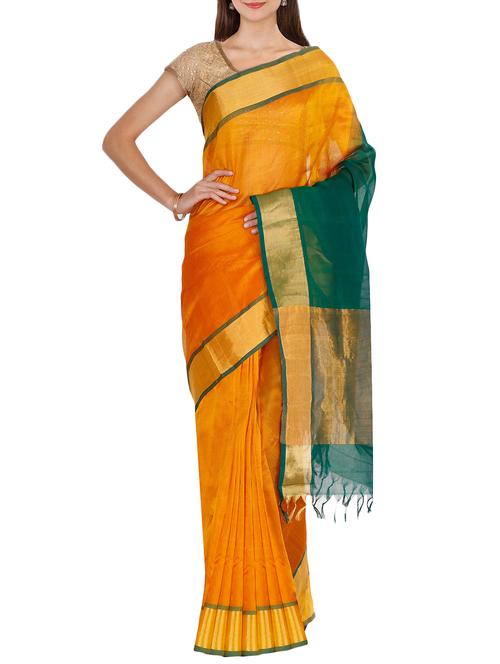 golden contrast border woven saree with blouse - 15414081 - Standard Image - 1