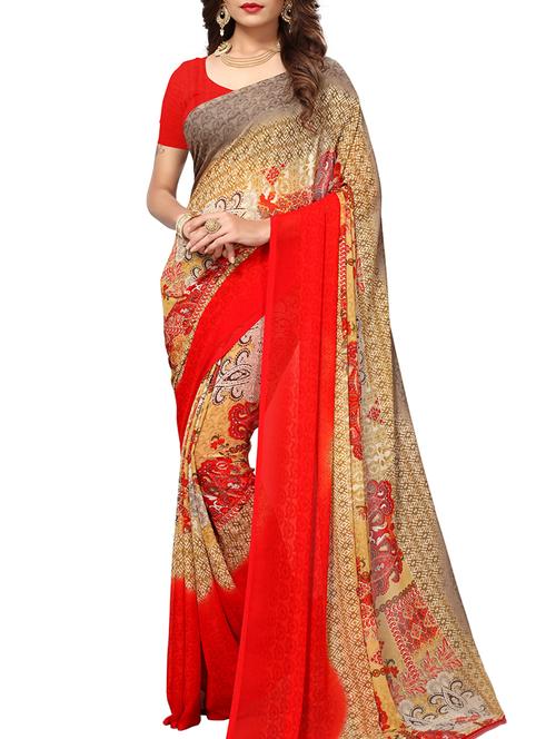 Contrast bordered printed saree with blouse - 15414353 - Standard Image - 1