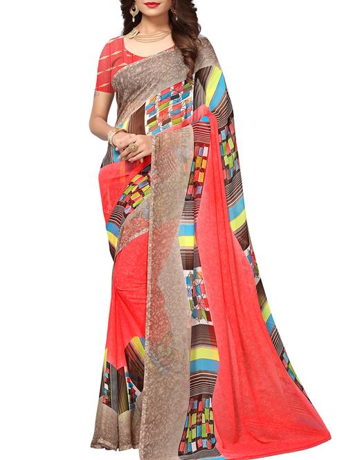 Contrast bordered printed saree with blouse - 15414355 - Standard Image - 1