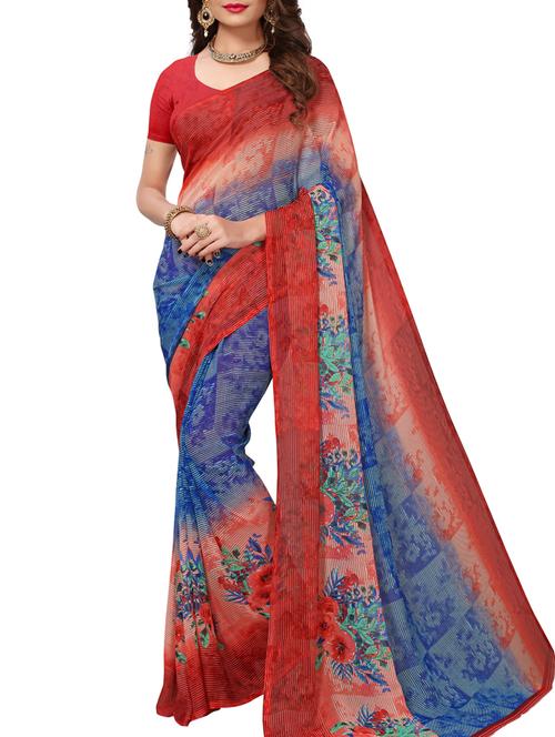Contrast bordered printed saree with blouse - 15414359 - Standard Image - 1