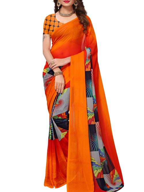 Sunset orange printed saree with blouse - 15414362 - Standard Image - 1