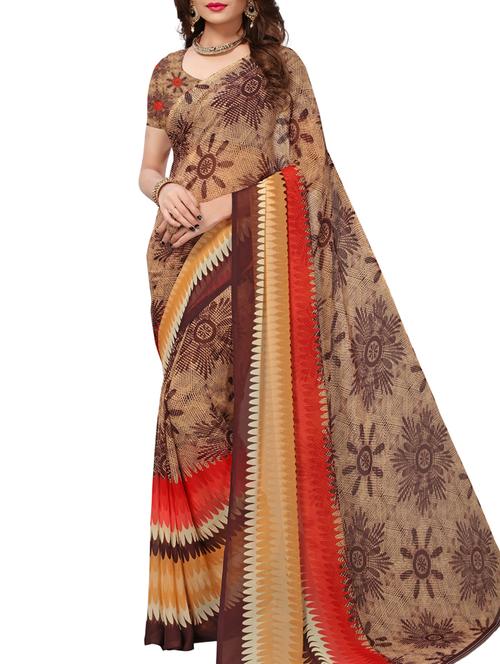 Contrast bordered printed saree with blouse - 15414363 - Standard Image - 1
