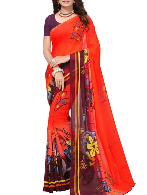 Contrast bordered printed saree with blouse - 15414365 - Standard Image - 1