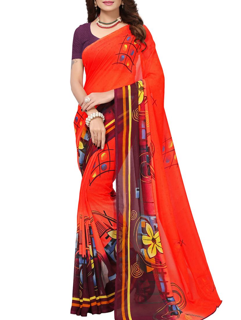 Contrast bordered printed saree with blouse - 15414365 - Zoom Image - 1