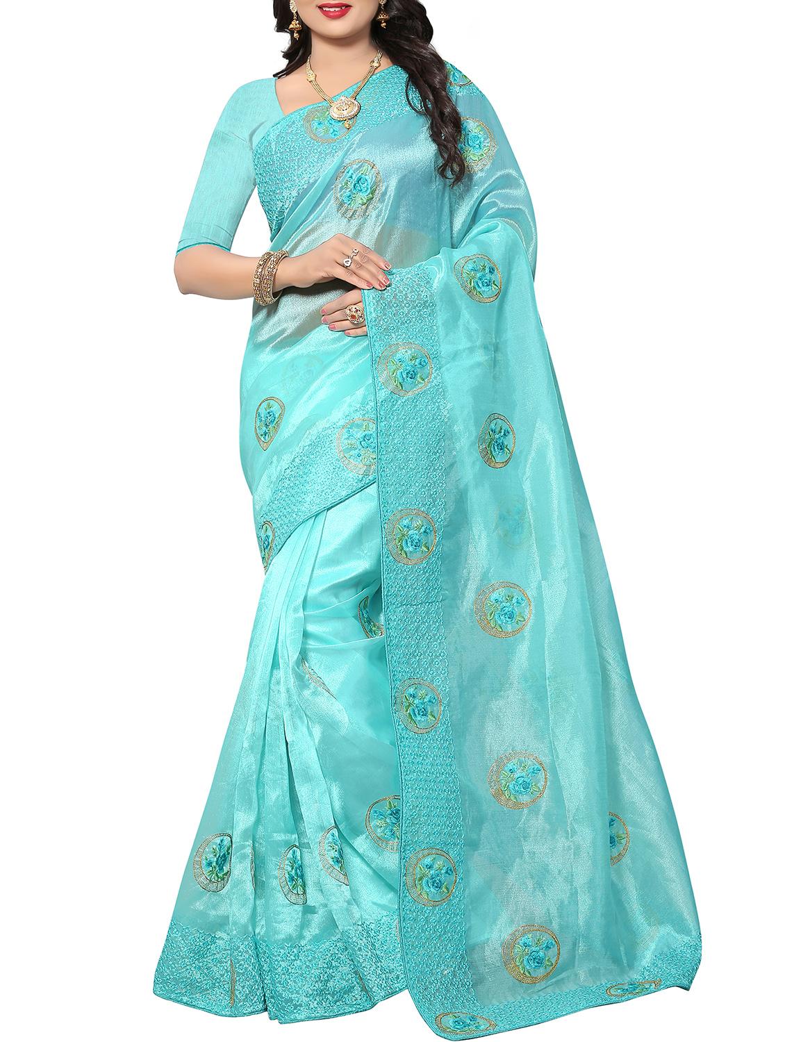 floral resham embroidered saree with blouse - 15414400 - Zoom Image - 1