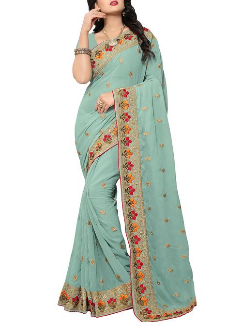 floral border zari embroidered saree with blouse - 15414404 - Standard Image - 1