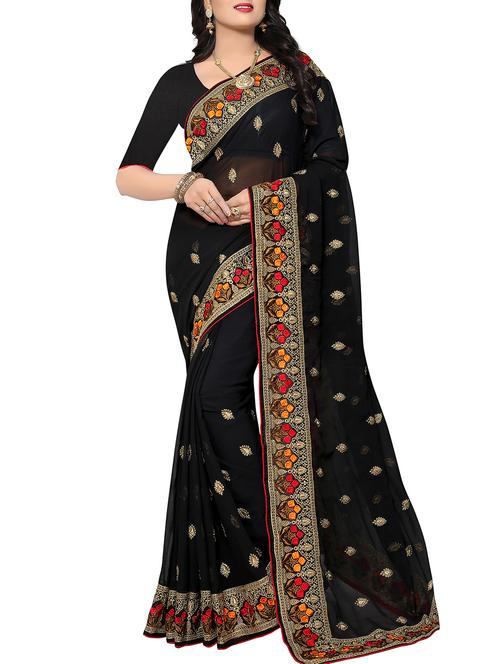 floral border zari embroidered saree with blouse - 15414405 - Standard Image - 1