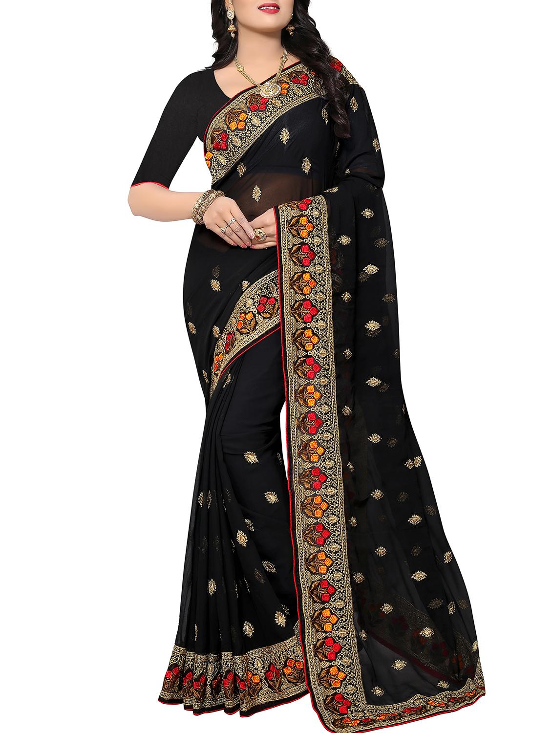 floral border zari embroidered saree with blouse - 15414405 - Zoom Image - 1