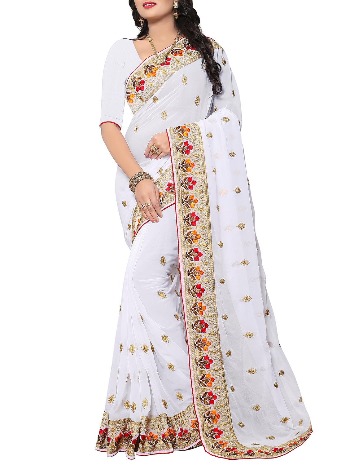 floral border zari embroidered saree with blouse - 15414406 - Zoom Image - 1