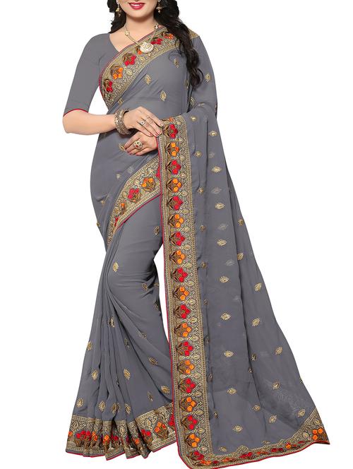 floral border zari embroidered saree with blouse - 15414407 - Standard Image - 1