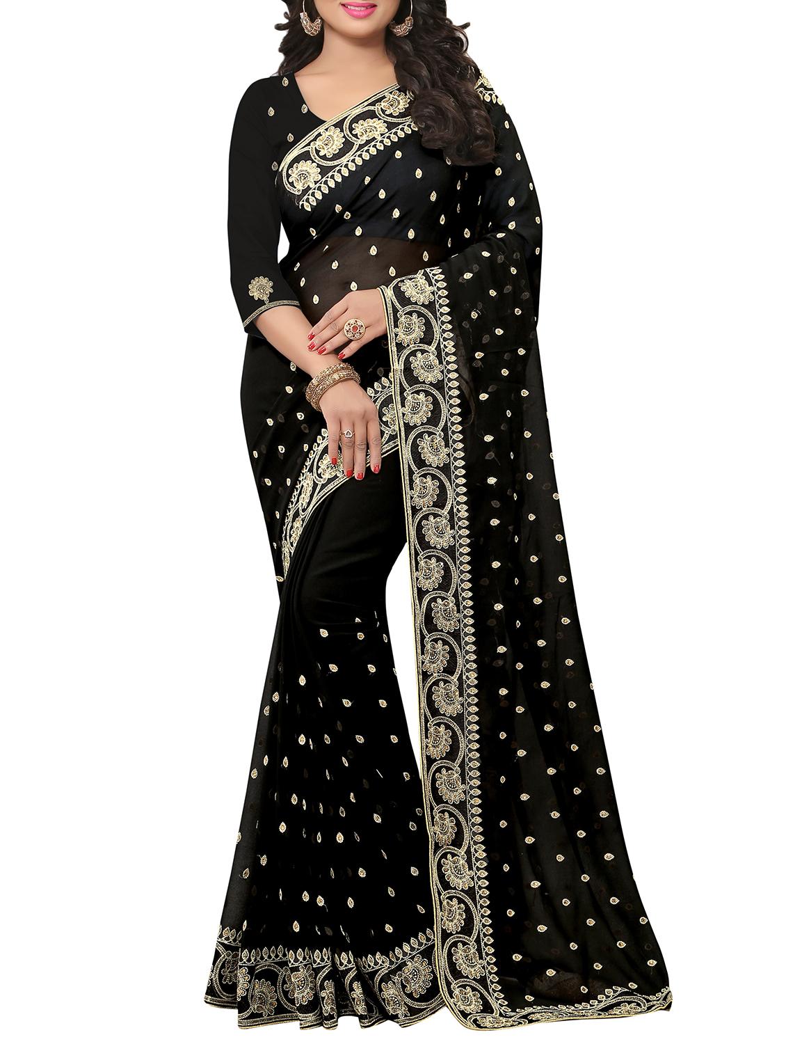 embellished floral border stone work saree with blouse - 15414414 - Zoom Image - 1