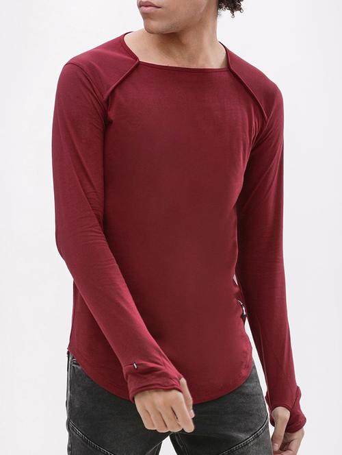 maroon cotton blend thumb hole t-shirt - 15414787 - Very Small Image - 1