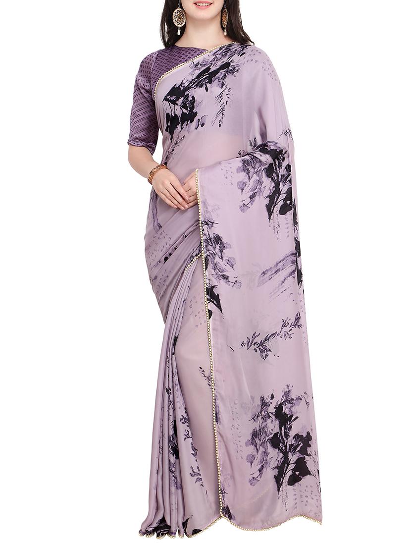 purple cotton printed saree with blouse - 15414965 - Zoom Image - 1