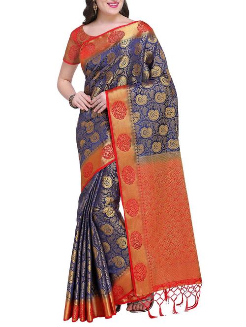 Golden paisley zari kanjivaram saree with blouse - 15415211 - Standard Image - 1
