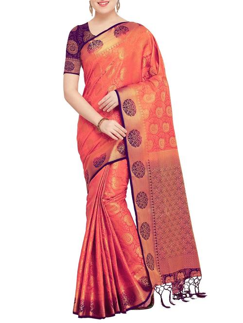 Golden paisley zari kanjivaram saree with blouse - 15415212 - Standard Image - 1