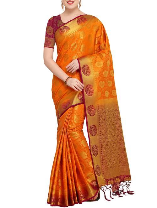 Golden paisley zari kanjivaram saree with blouse - 15415213 - Standard Image - 1