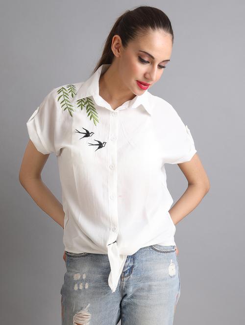 bird Embroidered Knotted Hem Shirt - 15415293 - Very Small Image - 1