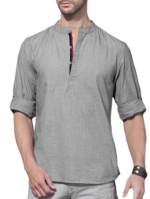 grey cotton short kurta - 15415898 - Standard Image - 1