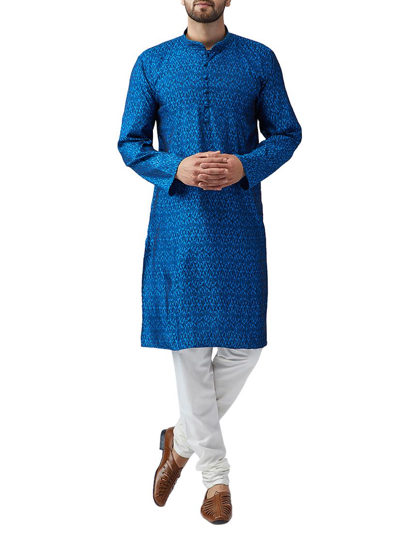 Blue silk blend kurta pyjama set - 15415931 - Zoom Image - 1