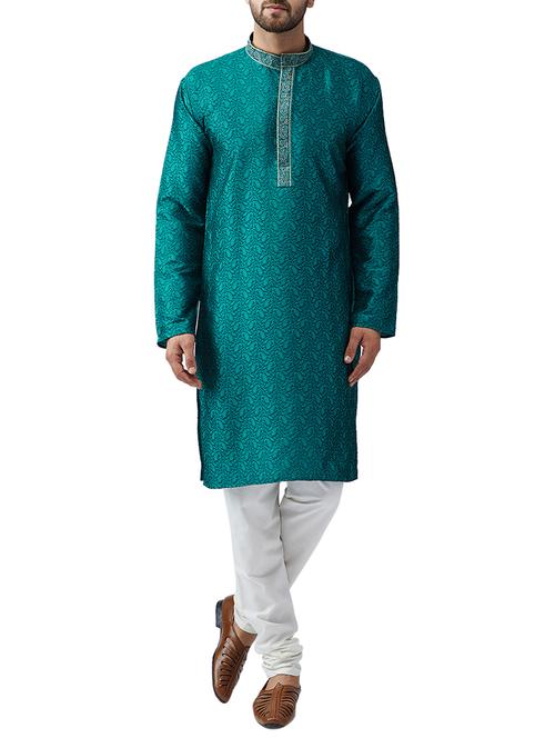 teal green silk blend kurta pyjama set - 15415948 - Very Small Image - 1