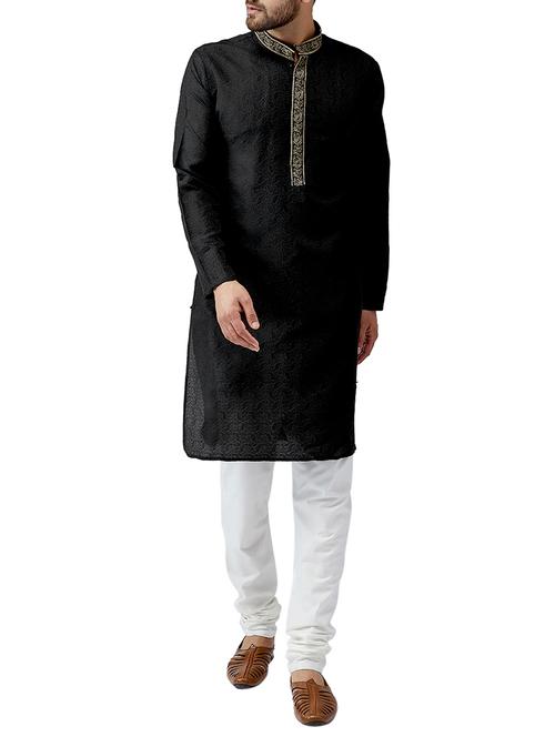 Black silk blend kurta pyjama set - 15415949 - Standard Image - 1