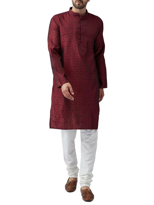 maroon silk blend kurta pyjama set - 15415953 - Standard Image - 1