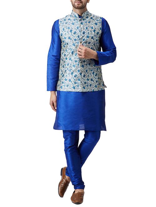 blue silk blend kurta pyjama set with nehru jacket - 15415957 - Standard Image - 1