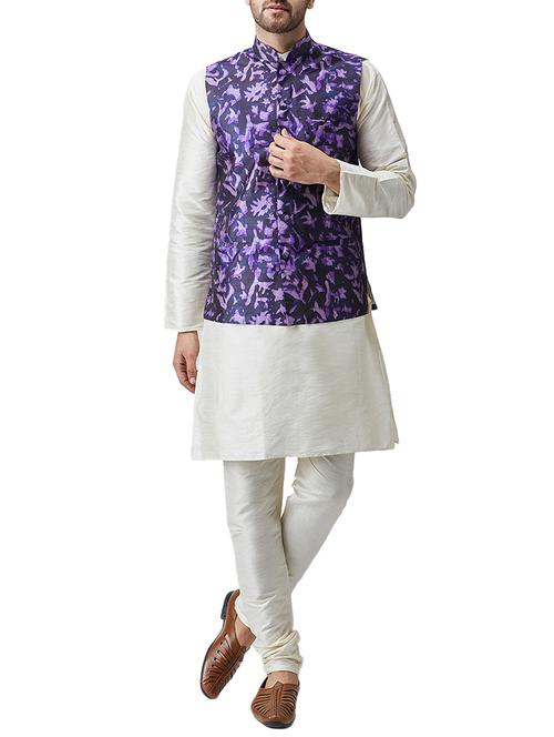off white silk blend kurta pyjama set with nehru jacket - 15415959 - Standard Image - 1